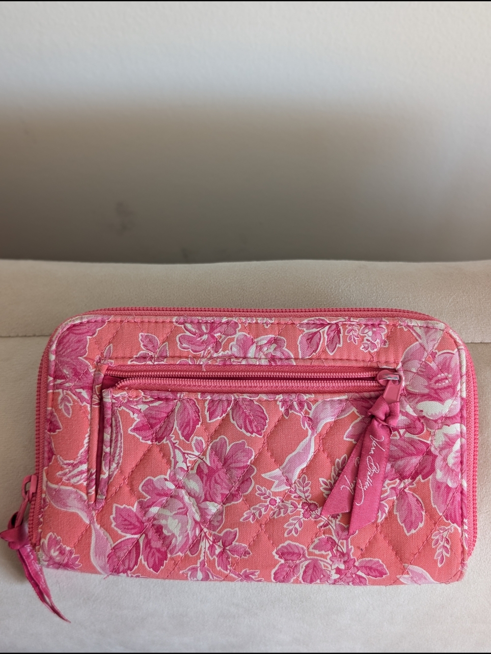 Vera Bradley Quilted Zip-Around Wallet in Pink, Orange, and White Floral Print